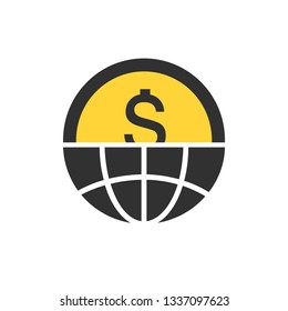 Globe with dollar icon cut in half in a flat design in black and yellow color. Vector illustration isolated on white background.