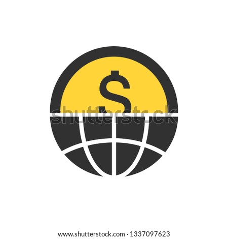 Globe with dollar icon cut in half in a flat design in black and yellow color. Vector illustration isolated on white background.