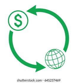 Globe dollar icon , earth planet with arrows. Money transfers. Global economy icon