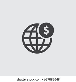 Globe with dollar icon in a flat design in black color. Vector illustration eps10