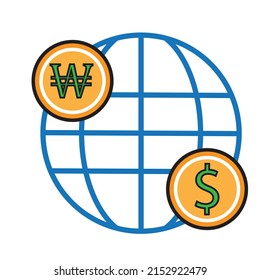 Un globo con el dólar y el won coreano.  Un concepto de cambio de moneda global. Ilustración del comercio financiero, icono, vector 