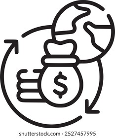 Globo com sinal de dólar, representando finanças globais ou comércio internacional. Globo com ícone de símbolo de dólar representando finanças globais, comércio internacional e transações mundiais.