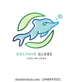 Globe and dolphin together concept art logo vector illustration for cloud based internet service, storage service and others. White isolated background.