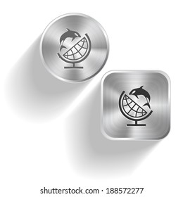 Globe and dolphin. Vector set steel buttons