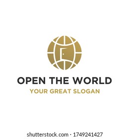 Combinación del logotipo de la puerta y del globo. Abre el diseño del logo mundial.
