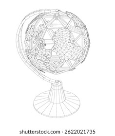 A globe is drawn in black and white. The globe is a small, round object with a stand. The globe is not very detailed, but it has a unique design that makes it stand out