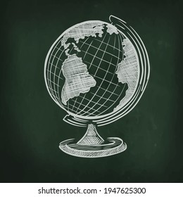 Globe drawn in chalk on a school blackboard. Back to school. Vector illustration.