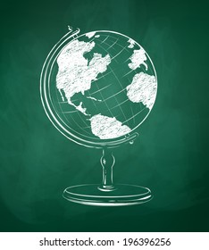 Globe drawn on green chalkboard. Vector illustration. isolated. 