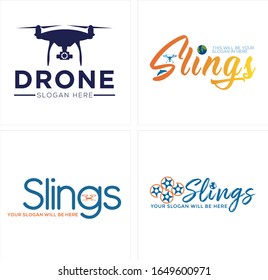 Globe drone icon symbol line. Modern lettering logo design suitable for Photography Drone Education, Training Coaching technology.