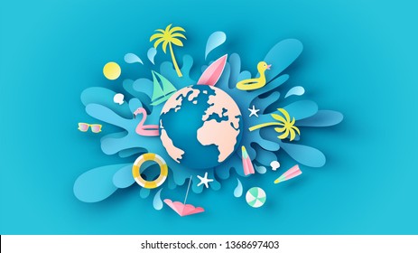 Globe dropped on the blue sea water surface and beach equipment splash around. Graphic design for summer. paper cut and craft style. vector, illustration.