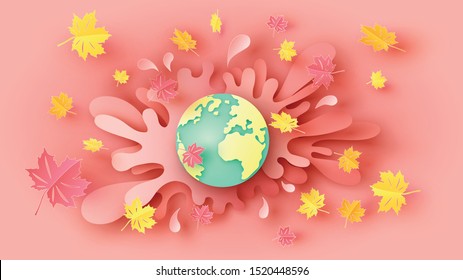 Globe dropped on the water surface and maple leaves blowing around the world in Autumn. Graphic design for Autumn. paper cut and craft style. vector, illustration.