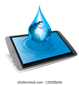 Globe in the drops of water from the tablet