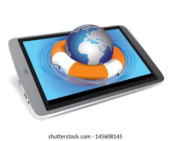 Globe in the drops of water from the tablet