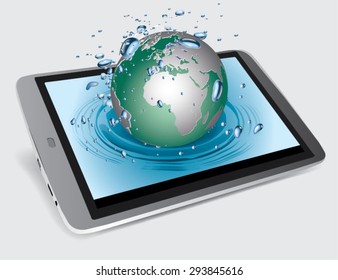 Globe in the drops of water from the tablet