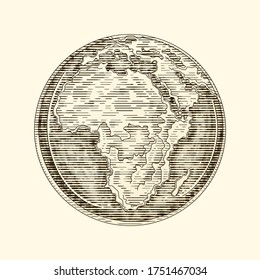 Globe Earth Africa a continent. Vintage vector engraving illustration. Hand drawn design element isolated. 
