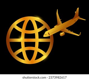 Globe earth and airplane vector icon. Gold earth and plane icon.
