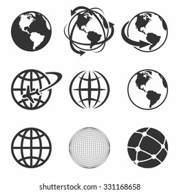 Globe Earth black Icons Set. Vector Illustration.