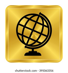 Globe earth - black vector icon;  gold button