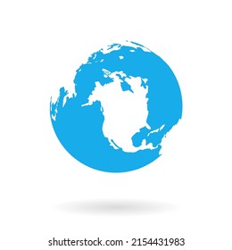 Globe earth. Blue globe of world. Map with water. Planet with europe, america, africa and asia. Earth sphere with shadow isolated on white background. Vector illustration.