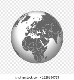 Globe of Earth with borders of all countries. 3d icon Globe in gray on transparent background. High quality world map in gray.  Europe, North Africa. Vector illustration. EPS10. 