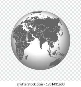 Globe of Earth with borders of all countries. 3d icon Globe in gray on transparent background. High quality world map in gray.  Middle East, Central Asia, India, China. Vector illustration. EPS10. 