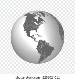 Globo de la Tierra con fronteras de todos los países. Icono 3d Globe en gris. Mapa mundial de alta calidad en gris. América del Norte, Estados Unidos con todos los estados, países del Caribe, Sudamérica.  EPS10. 