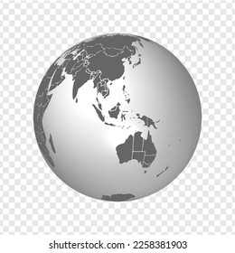 Globe of Earth with borders of all countries. 3d icon Globe in gray. High quality world map in gray. South Asia, Australia with all states, New Zealand.  EPS10. 
