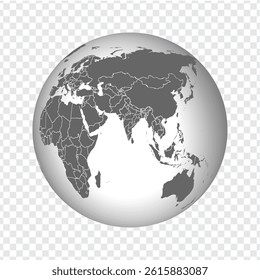 Globe of Earth with borders of all countries and States of India. 3d icon Globe in gray on transparent background. High quality world map in gray. Asia. EPS10.