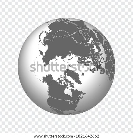 Globe of Earth with borders of all countries. 3d icon Globe in gray on transparent background. High quality world map in gray.  Arctic, Canada, Greenland, Russia, USA. EPS10. 