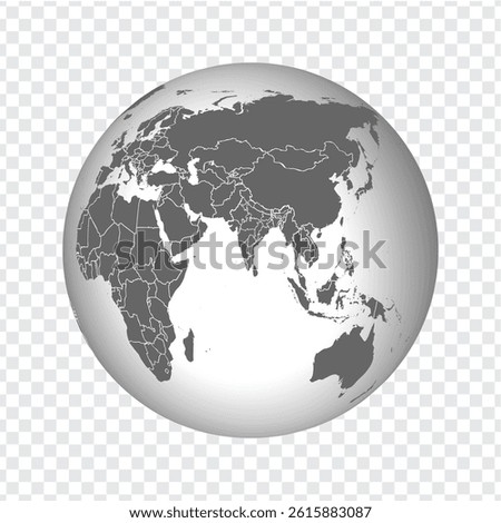 Globe of Earth with borders of all countries and States of India. 3d icon Globe in gray on transparent background. High quality world map in gray. Asia. EPS10.