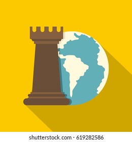 Globe Earth and chess rook icon. Flat illustration of globe Earth and chess rook vector icon for web