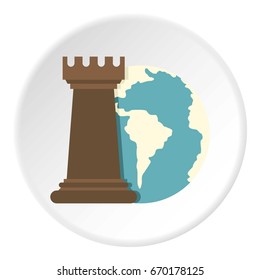 Globe Earth and chess rook icon in flat circle isolated vector illustration for web