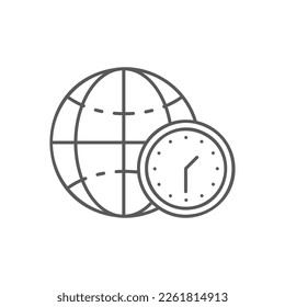 Globe earth with clock, world time lineal icon. Global technology, internet, social network symbol design.