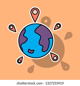 Globe earth with color pointer marks. Vector illustration