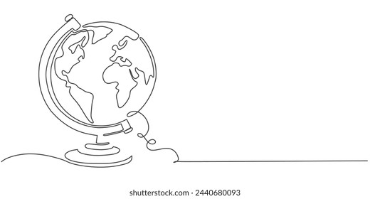 Globe earth continuous single line drawing. world map isolated on white background for banner in concept environment, ecology, eco friendly