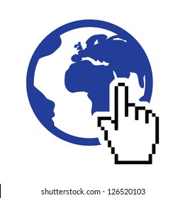 Globe, earth with cursor hand vector icon