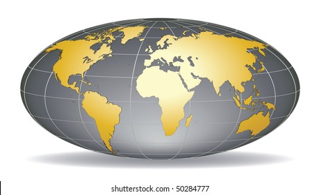 Globe earth with detailed golden world map, placed in five layers
