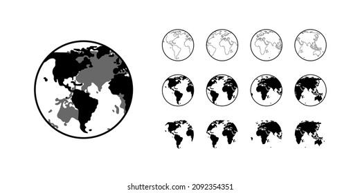 Globe Earth doodle vector icon set. Globus world planet map black flat hand drawn in different types.