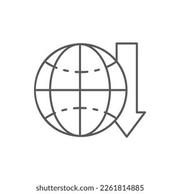 Globe earth with down arrow, global recession lineal icon. Global technology, internet, social network symbol design.