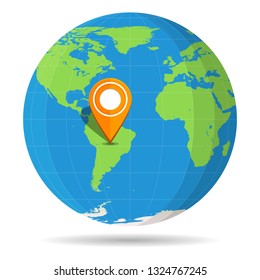 Globe Earth flat color with orange map pin on continent South America icon. Brazil, Argentina, Peru, Chile, Colombia, Venezuela. Vector illustration