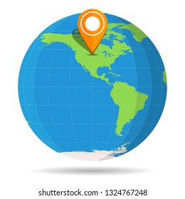 Globe Earth flat color with orange map pin on continent North America icon. USA, Canada, Mexico. Vector illustration