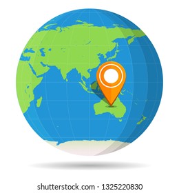 Globe Earth flat color with orange map pin on continent Australia icon. Vector illustration