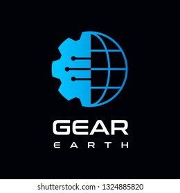Globe or earth with gear vector logo template. Technology design logo for industrial and business. 