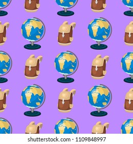 Globe earth geography educational backpack seamless pattern background planet travel map education symbol vector illustration.