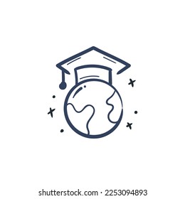 Globe earth and graduation hat line icon. Education doodle drawing vector illustration