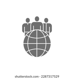Globe earth with group of people, mationality, international team grey fill icon. Global technology, internet, social network symbol design.