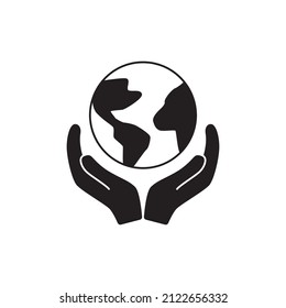 globe earth in hand icon in black flat glyph, filled style isolated on white background