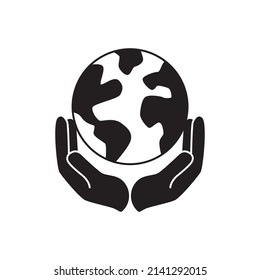 globe earth in hand icon in black flat glyph, filled style isolated on white background