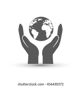 Globe earth with hand icon isolated on white background for your design, logo, application, UI. vector illustration.