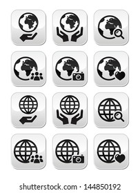 Globe earth with hands vector icons set with reflection